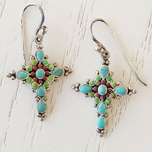Barse Turquoise/Carneilan 925 Sterling Silver Cross Earrings
